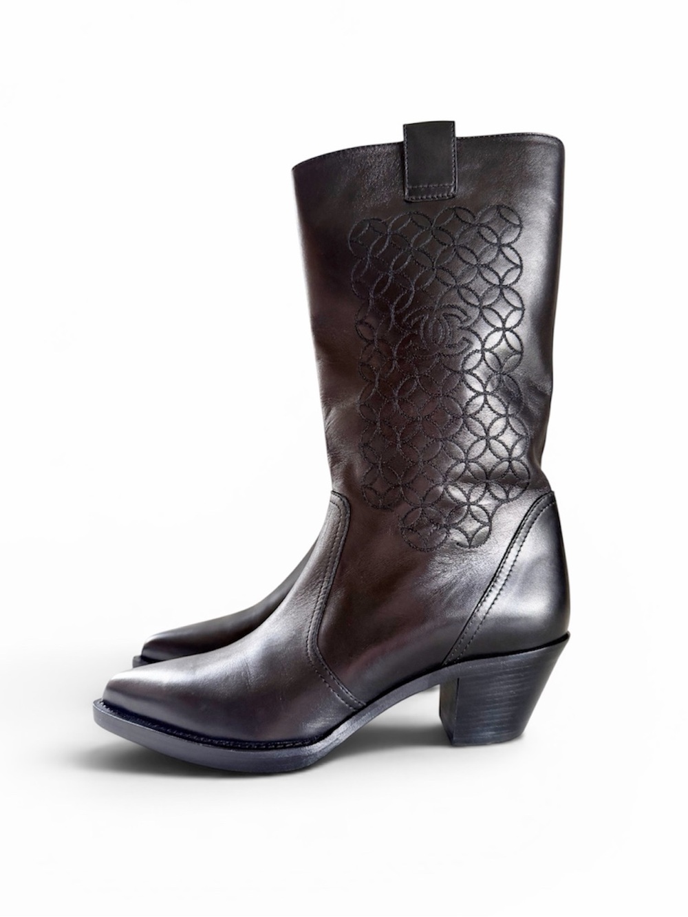 Chanel 2006 Western Mid-Calf Boots Black Leather Embroidered CC EU 39 US 9